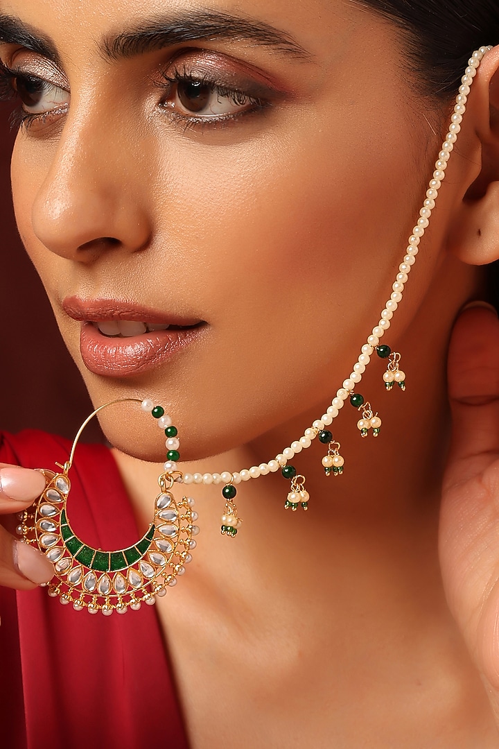 Gold Finish Kundan Polki & Pearl Nose Ring by Swabhimann Jewellery at Pernia's Pop Up Shop