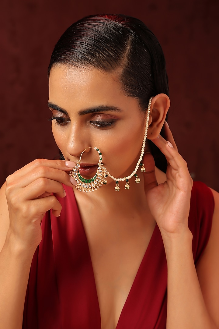 Gold Finish Kundan Polki & Pearl Nose Ring by Swabhimann Jewellery at Pernia's Pop Up Shop