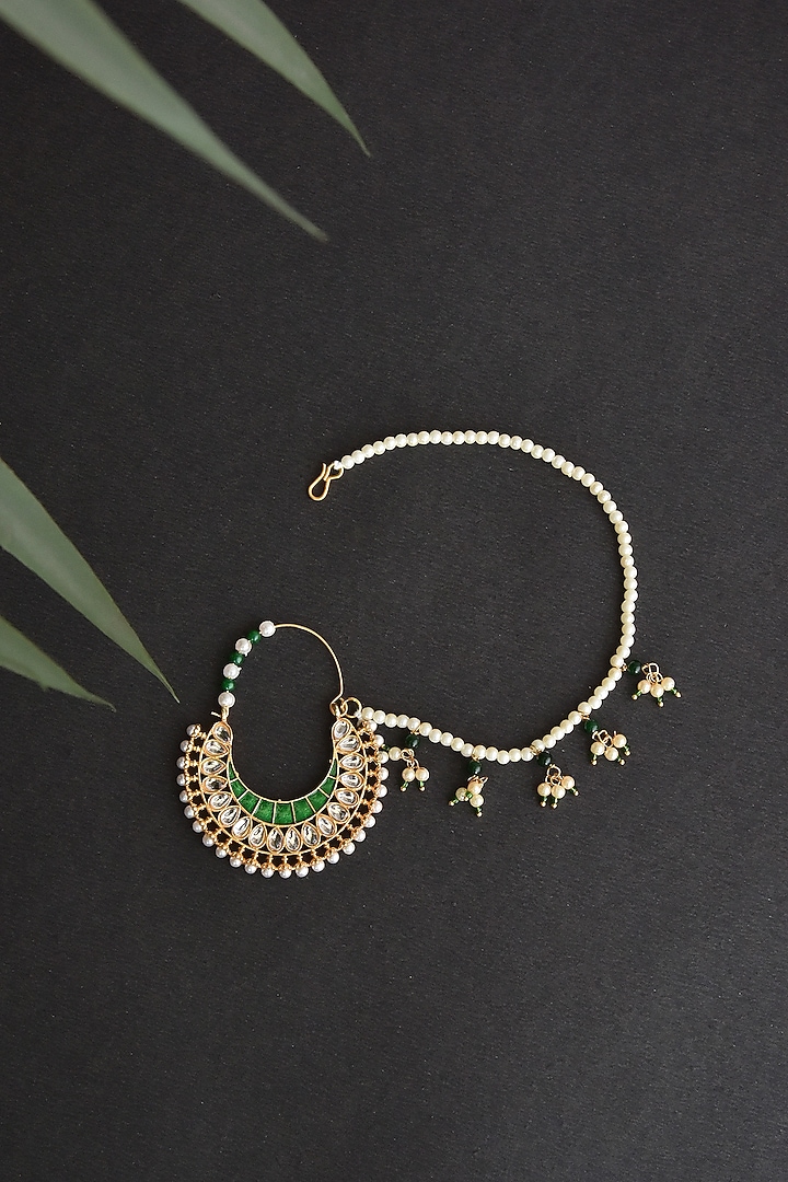Gold Finish Kundan Polki & Pearl Nose Ring by Swabhimann Jewellery at Pernia's Pop Up Shop