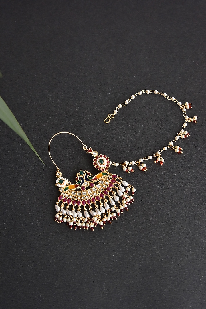 Gold Finish Kundan Polki & Pearl Nose Ring by Swabhimann Jewellery at Pernia's Pop Up Shop