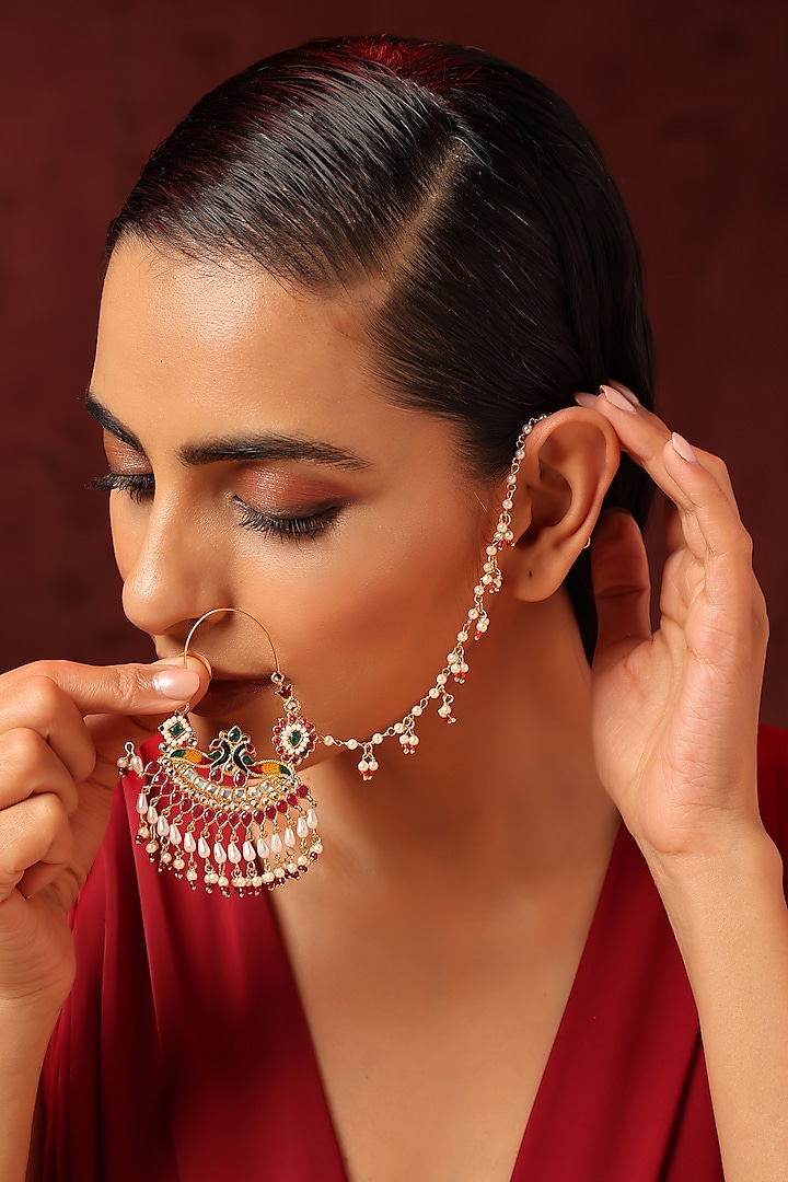 Gold Finish Kundan Polki & Pearl Nose Ring by Swabhimann Jewellery