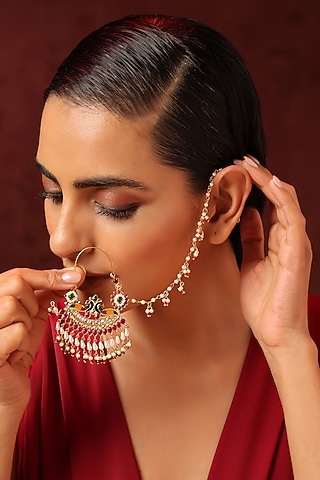 Gold Finish Kundan Polki & Pearl Nose Ring by Swabhimann Jewellery