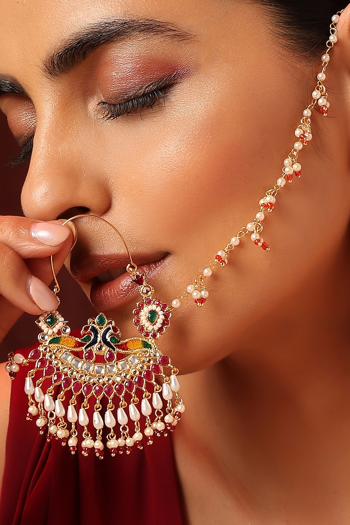 Gold Finish Kundan Polki & Pearl Nose Ring by Swabhimann Jewellery at Pernia's Pop Up Shop