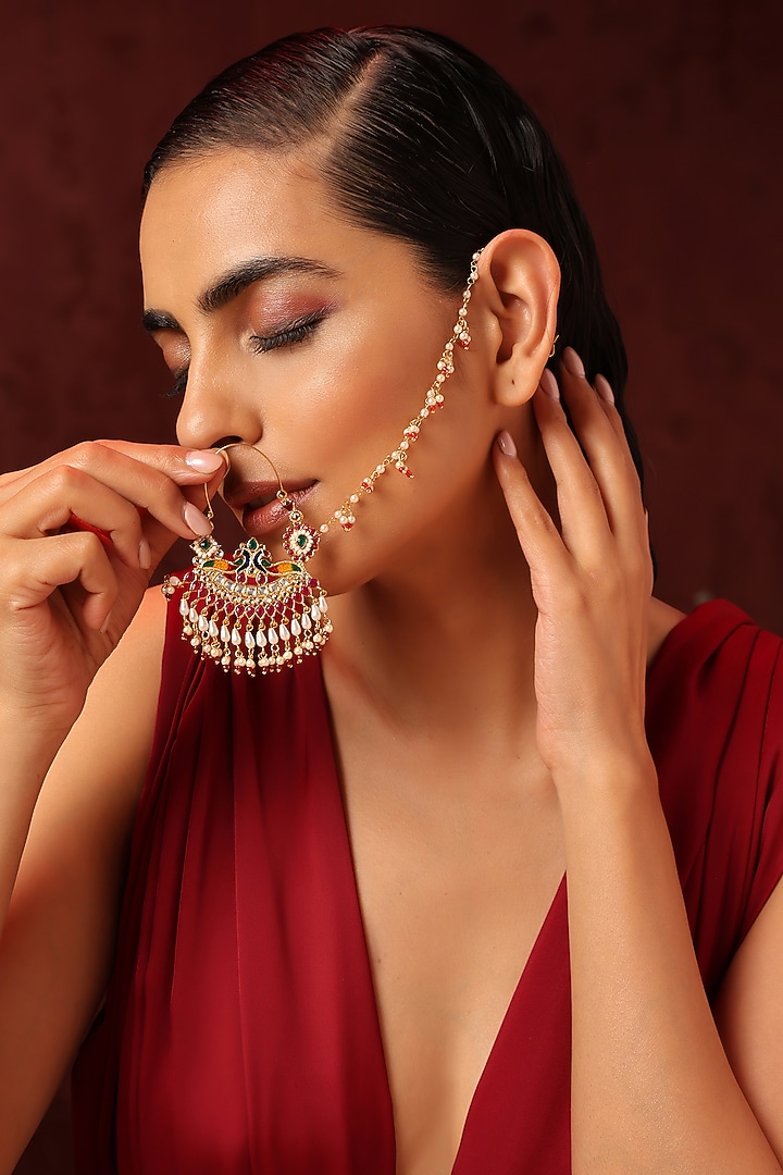 Gold Finish Kundan Polki & Pearl Nose Ring by Swabhimann Jewellery at Pernia's Pop Up Shop