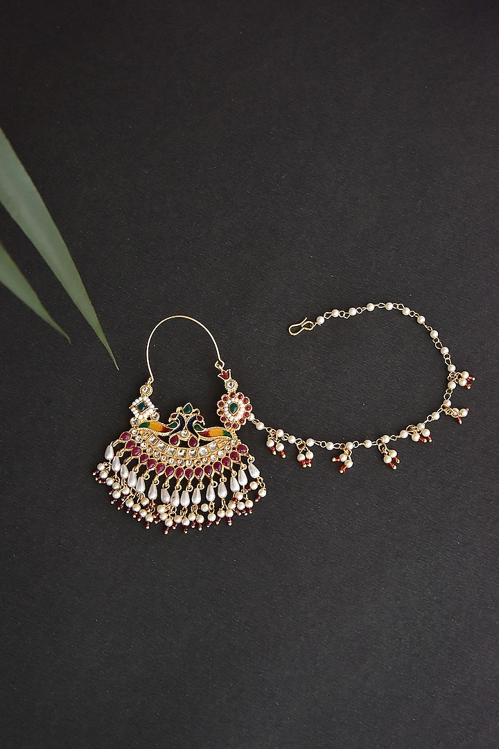 Gold Finish Kundan Polki & Pearl Nose Ring by Swabhimann Jewellery at Pernia's Pop Up Shop