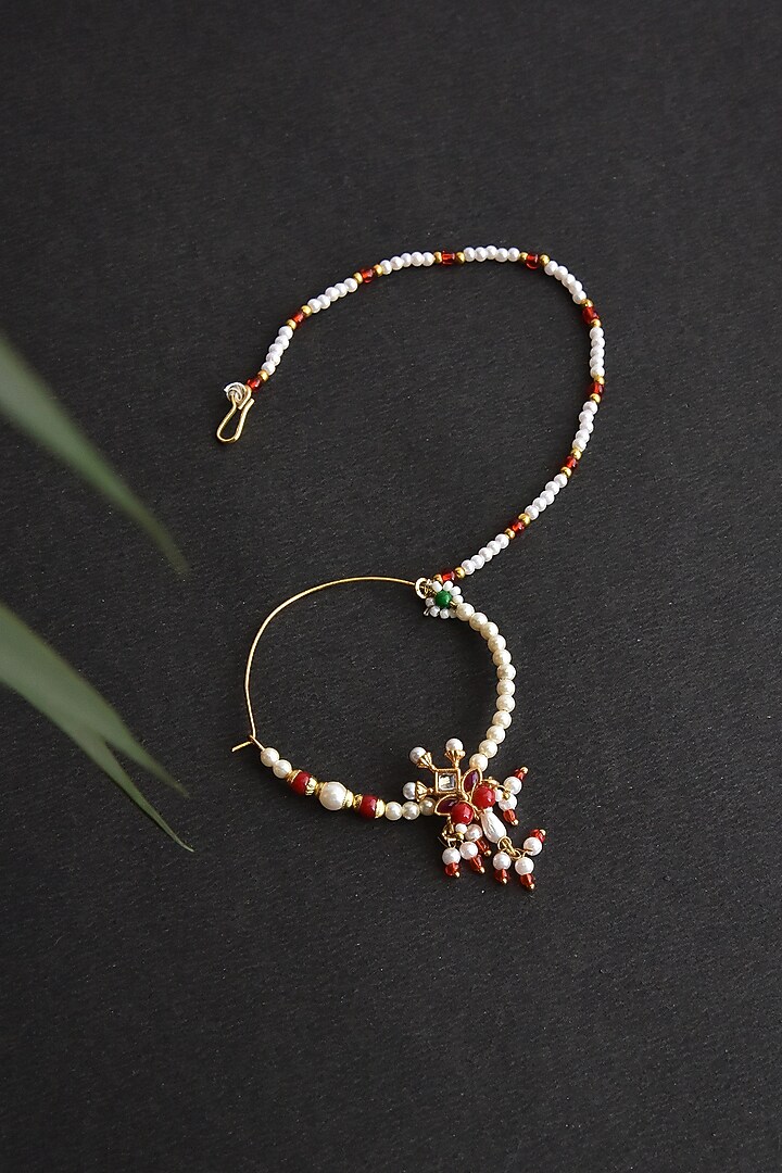 Gold Finish Kundan Polki & Pearl Nose Ring by Swabhimann Jewellery at Pernia's Pop Up Shop