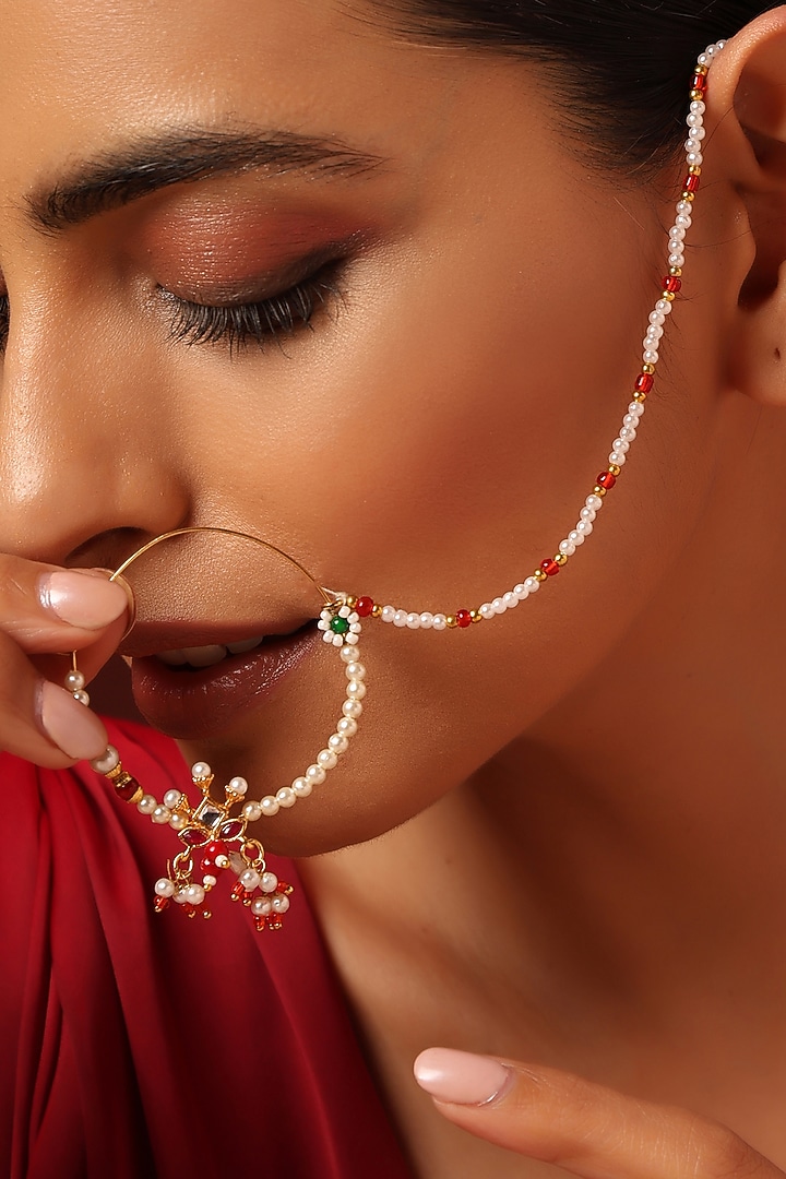 Gold Finish Kundan Polki & Pearl Nose Ring by Swabhimann Jewellery at Pernia's Pop Up Shop