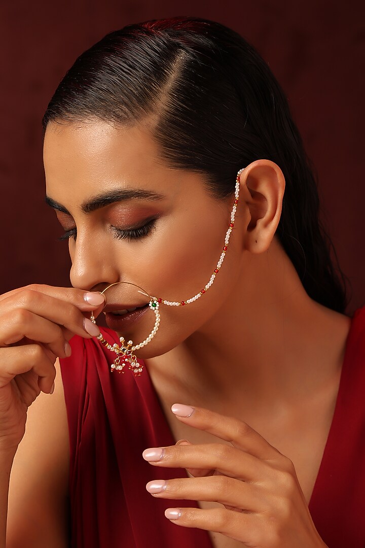 Gold Finish Kundan Polki & Pearl Nose Ring by Swabhimann Jewellery at Pernia's Pop Up Shop