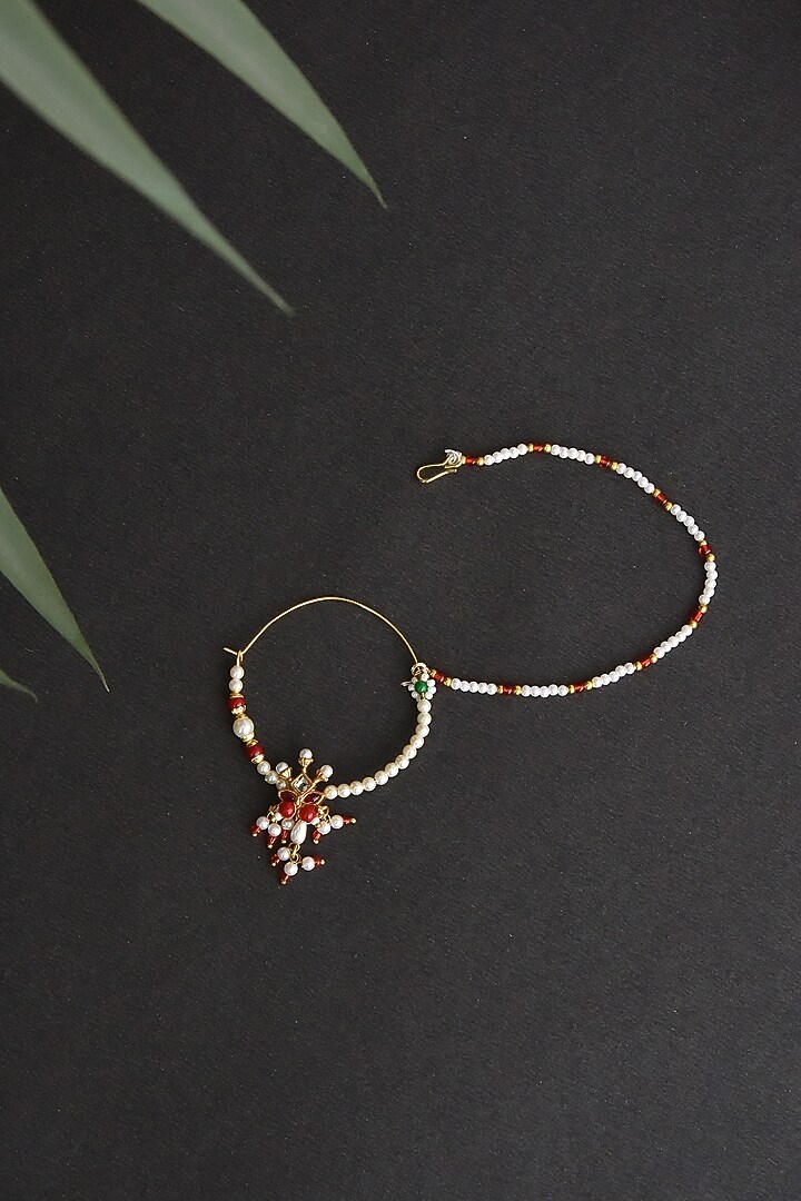 Gold Finish Kundan Polki & Pearl Nose Ring by Swabhimann Jewellery at Pernia's Pop Up Shop