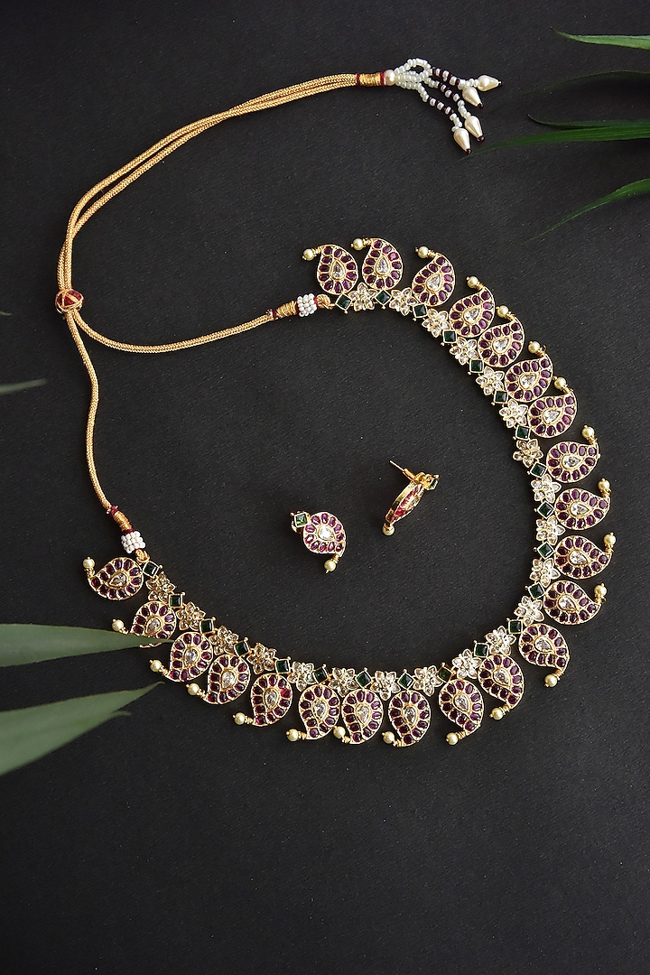 Gold Finish Red Kundan Polki & Pearl Necklace Set by Swabhimann Jewellery at Pernia's Pop Up Shop