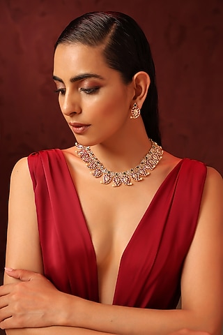 Gold Finish Red Kundan Polki & Pearl Necklace Set by Swabhimann Jewellery