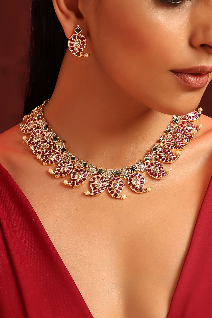 Gold Finish Red Kundan Polki & Pearl Necklace Set by Swabhimann Jewellery at Pernia's Pop Up Shop