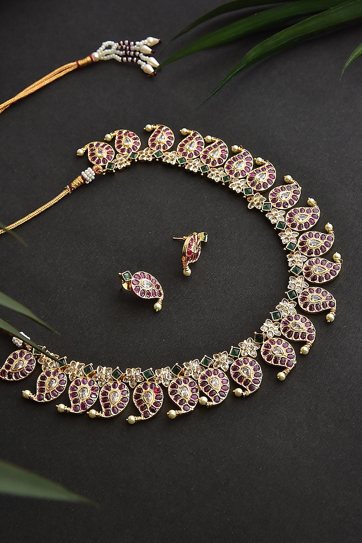 Gold Finish Red Kundan Polki & Pearl Necklace Set by Swabhimann Jewellery at Pernia's Pop Up Shop
