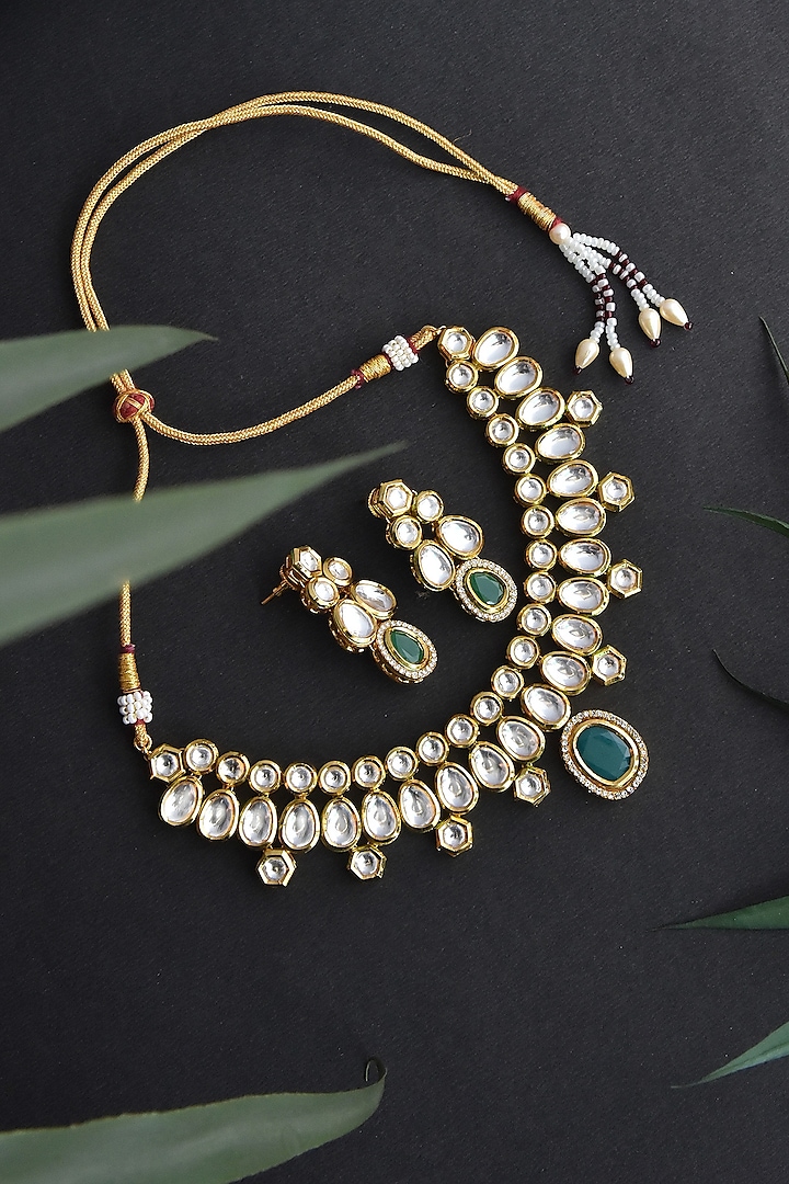 Gold Finish Kundan Polki & Green Stone Necklace Set by Swabhimann Jewellery at Pernia's Pop Up Shop
