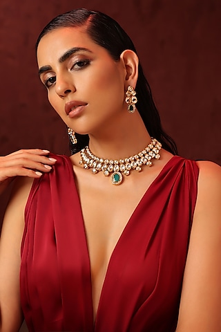 Gold Finish Kundan Polki & Green Stone Necklace Set by Swabhimann Jewellery