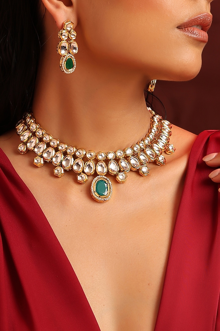 Gold Finish Kundan Polki & Green Stone Necklace Set by Swabhimann Jewellery at Pernia's Pop Up Shop