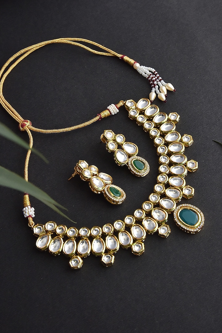 Gold Finish Kundan Polki & Green Stone Necklace Set by Swabhimann Jewellery at Pernia's Pop Up Shop
