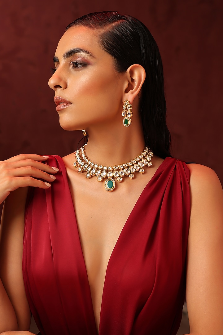 Gold Finish Kundan Polki & Green Stone Necklace Set by Swabhimann Jewellery at Pernia's Pop Up Shop