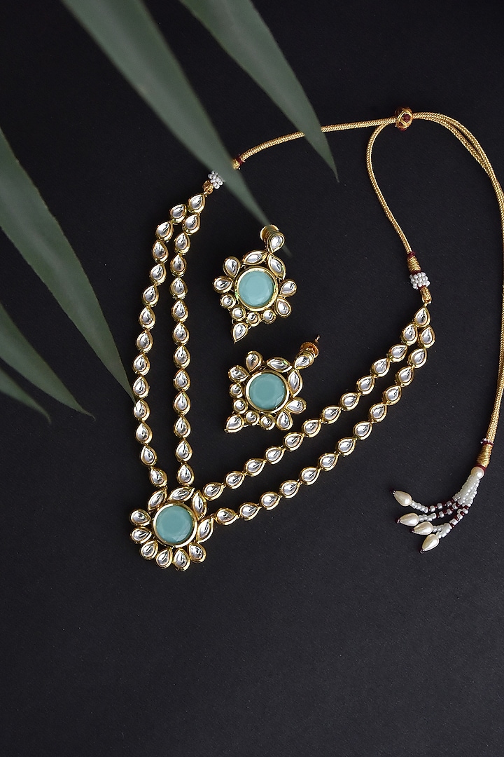 Gold Finish Kundan Polki & Mint Stone Necklace Set by Swabhimann Jewellery at Pernia's Pop Up Shop