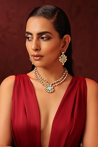 Gold Finish Kundan Polki & Mint Stone Necklace Set by Swabhimann Jewellery