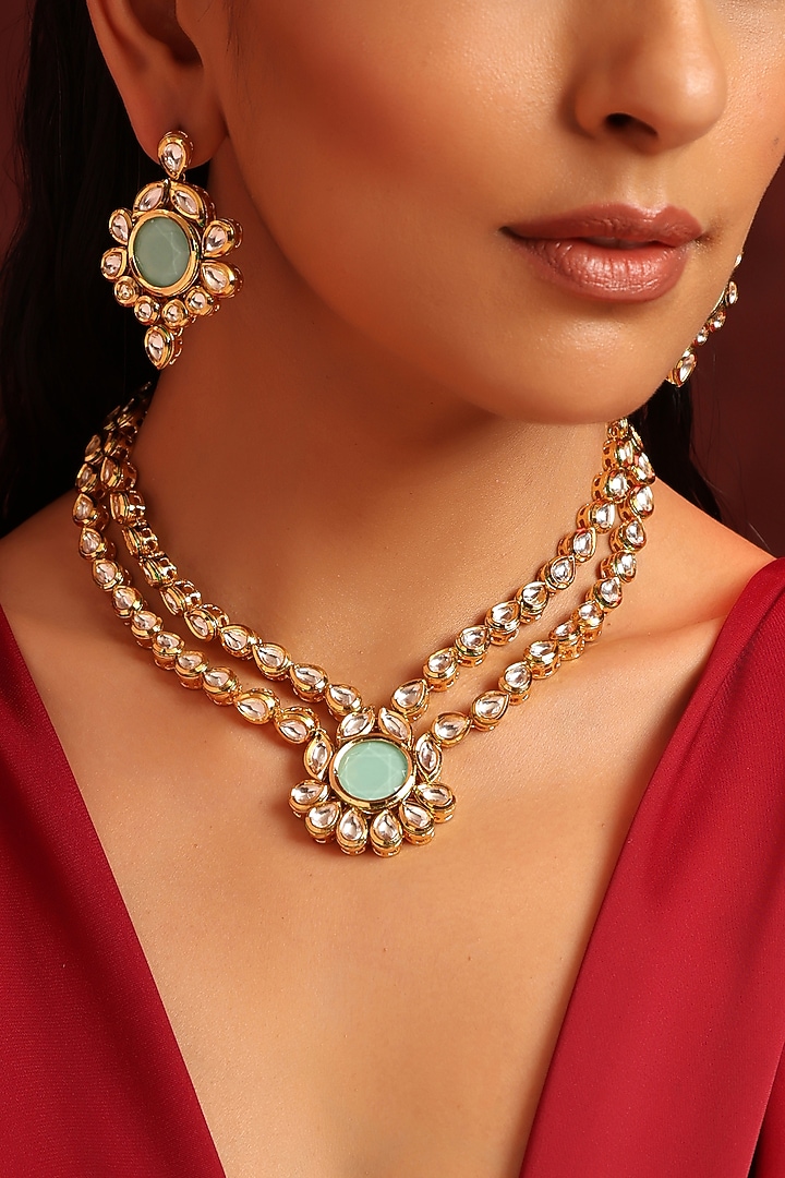 Gold Finish Kundan Polki & Mint Stone Necklace Set by Swabhimann Jewellery at Pernia's Pop Up Shop
