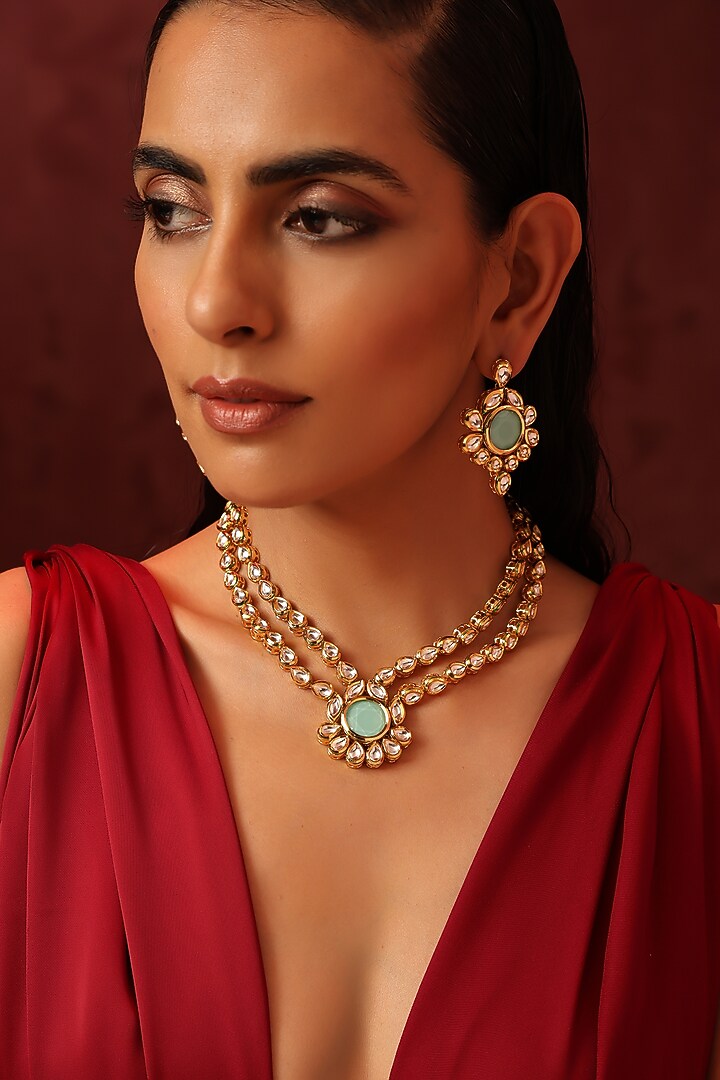 Gold Finish Kundan Polki & Mint Stone Necklace Set by Swabhimann Jewellery at Pernia's Pop Up Shop