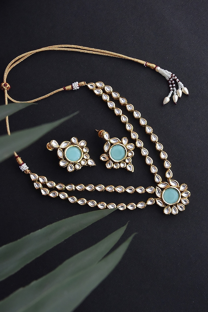 Gold Finish Kundan Polki & Mint Stone Necklace Set by Swabhimann Jewellery at Pernia's Pop Up Shop