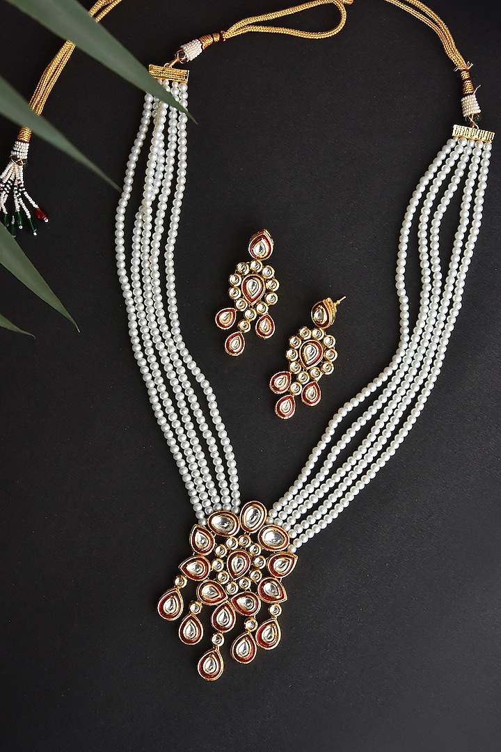Gold Finish Red Kundan Polki & Pearl Long Necklace Set by Swabhimann Jewellery at Pernia's Pop Up Shop