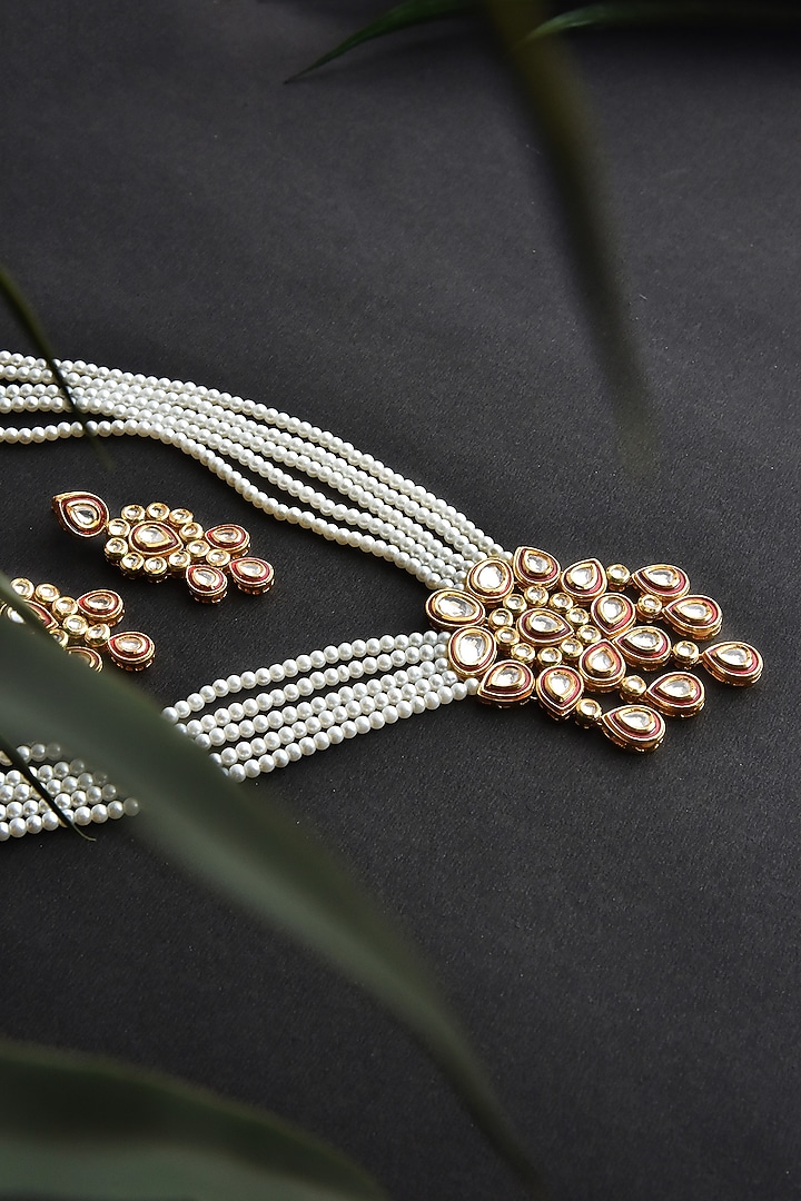 Gold Finish Red Kundan Polki & Pearl Long Necklace Set by Swabhimann Jewellery at Pernia's Pop Up Shop