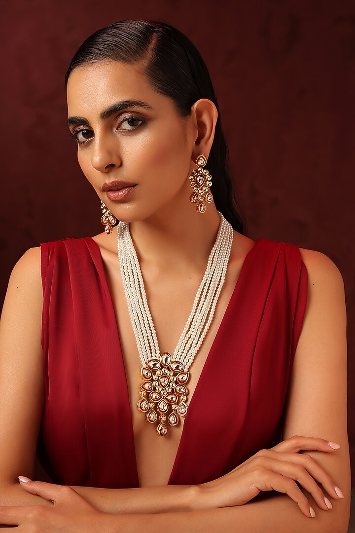 Gold Finish Red Kundan Polki & Pearl Long Necklace Set by Swabhimann Jewellery at Pernia's Pop Up Shop