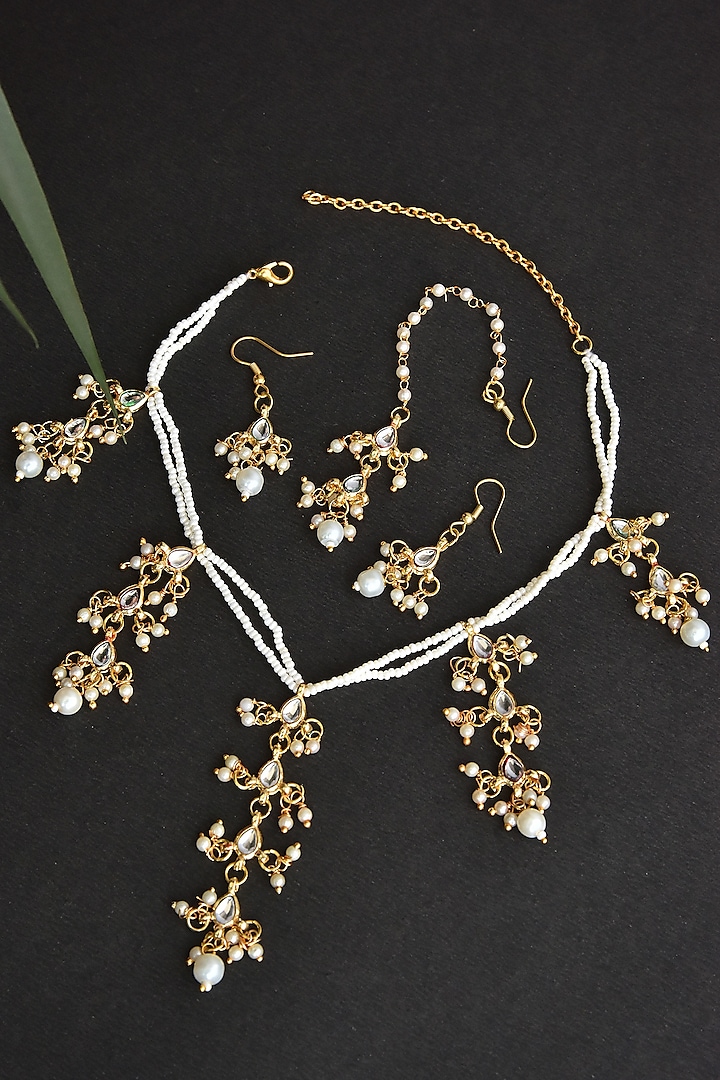 Gold Finish White Kundan Polki And Pearl Necklace Set Design By