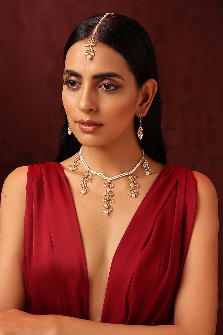 Gold Finish White Kundan Polki & Pearl Necklace Set by Swabhimann Jewellery at Pernia's Pop Up Shop