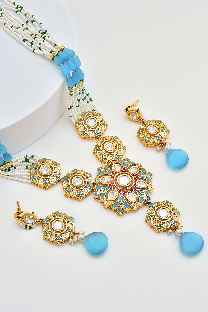 Gold Finish Kundan Polki Necklace Set by Swabhimann Jewellery at Pernia's Pop Up Shop