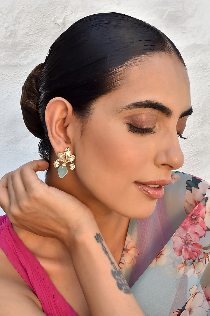 Gold Finish Kundan Polki Stud Earrings by Swabhimann Jewellery at Pernia's Pop Up Shop