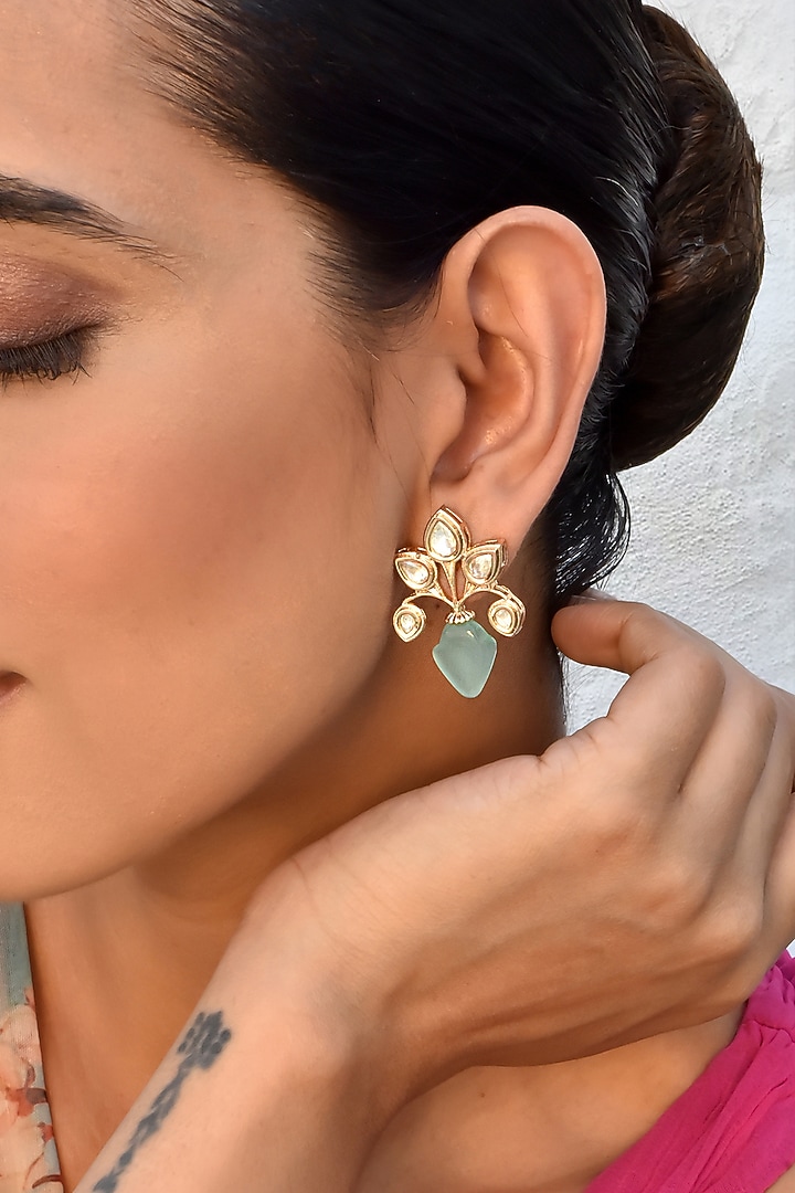 Gold Finish Kundan Polki Stud Earrings by Swabhimann Jewellery at Pernia's Pop Up Shop