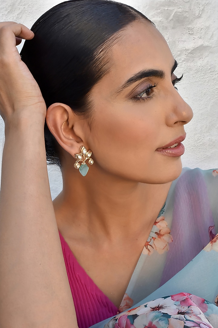 Gold Finish Kundan Polki Stud Earrings by Swabhimann Jewellery at Pernia's Pop Up Shop