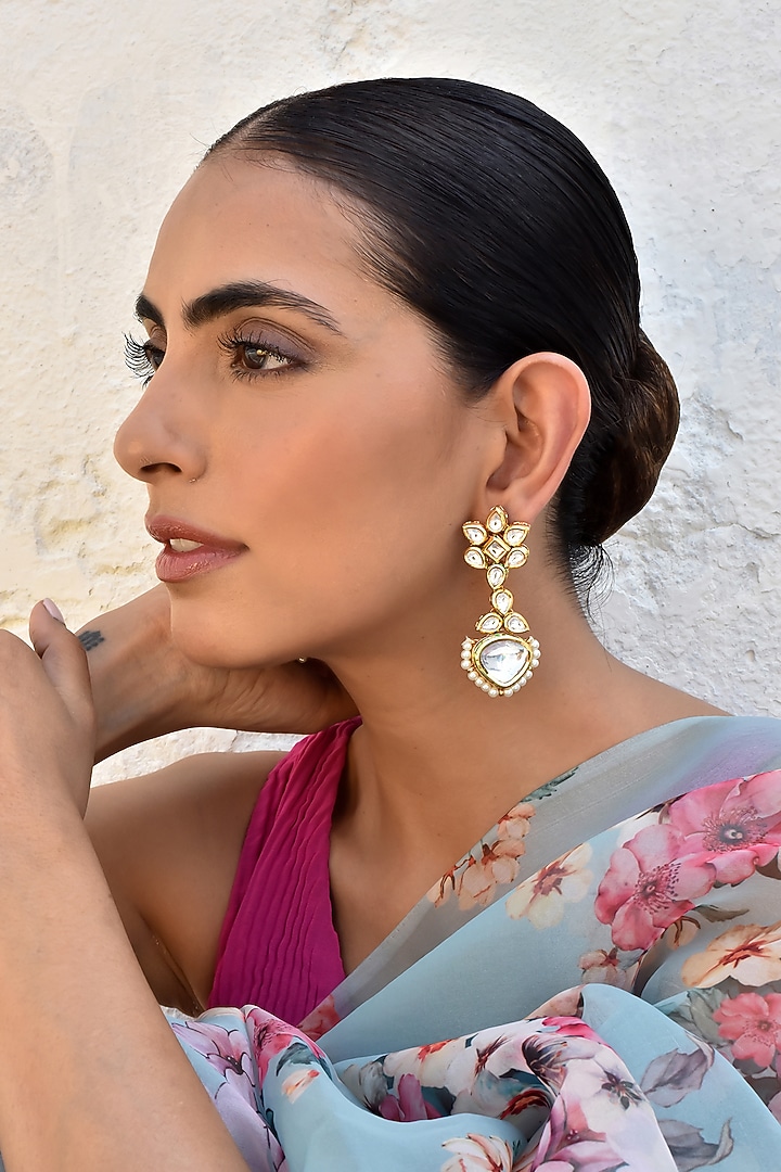 Gold Finish Kundan Polki Dangler Earrings by Swabhimann Jewellery at Pernia's Pop Up Shop