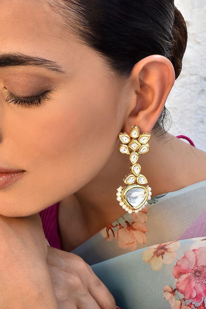 Gold Finish Kundan Polki Dangler Earrings by Swabhimann Jewellery at Pernia's Pop Up Shop