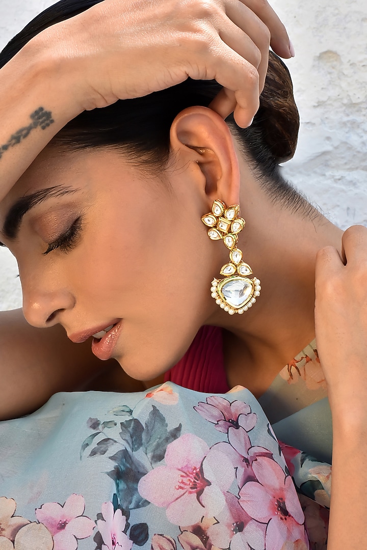 Gold Finish Kundan Polki Dangler Earrings by Swabhimann Jewellery at Pernia's Pop Up Shop