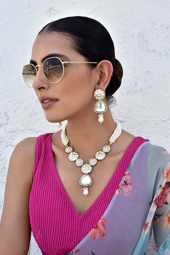 White Finish Kundan Polki Necklace Set by Swabhimann Jewellery at Pernia's Pop Up Shop