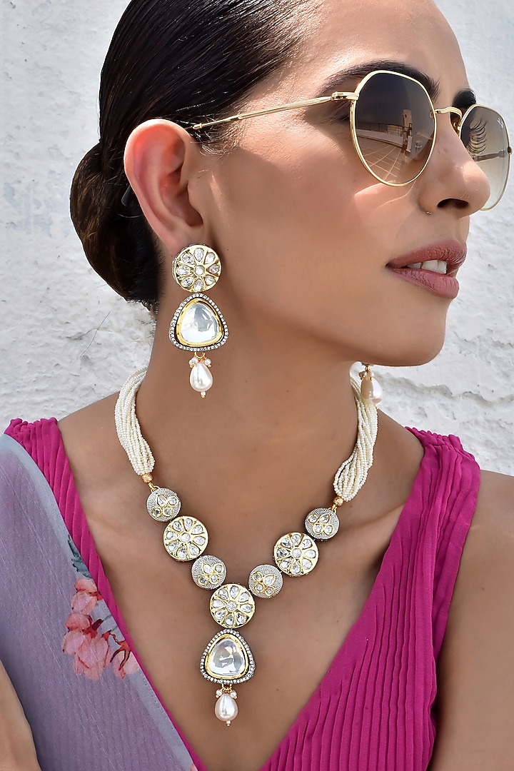 White Finish Kundan Polki Necklace Set by Swabhimann Jewellery at Pernia's Pop Up Shop