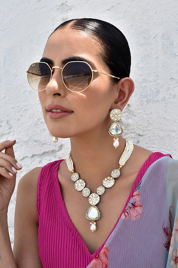 White Finish Kundan Polki Necklace Set by Swabhimann Jewellery at Pernia's Pop Up Shop