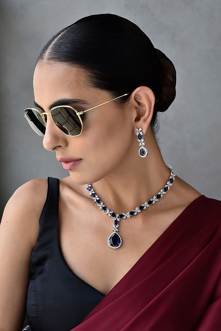 White Finish Sapphire Necklace Set by Swabhimann Jewellery at Pernia's Pop Up Shop