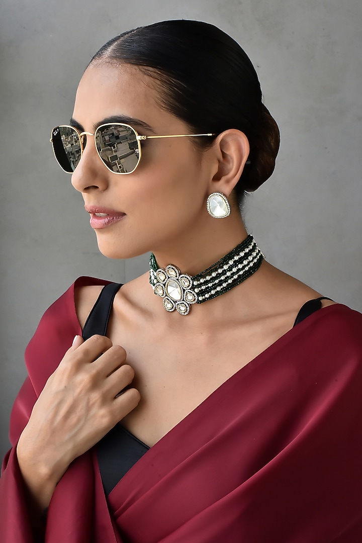 White Finish Kundan Polki Choker Necklace Set by Swabhimann Jewellery at Pernia's Pop Up Shop
