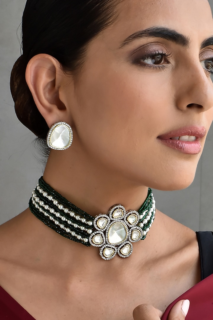 White Finish Kundan Polki Choker Necklace Set by Swabhimann Jewellery at Pernia's Pop Up Shop
