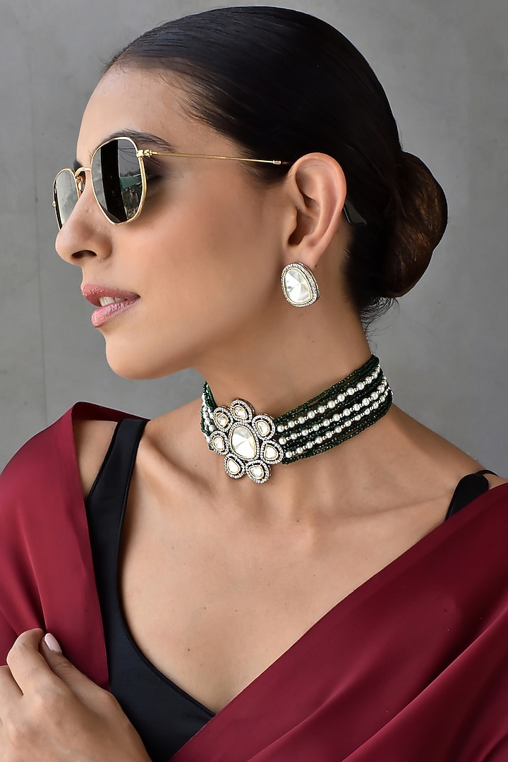White Finish Kundan Polki Choker Necklace Set by Swabhimann Jewellery at Pernia's Pop Up Shop