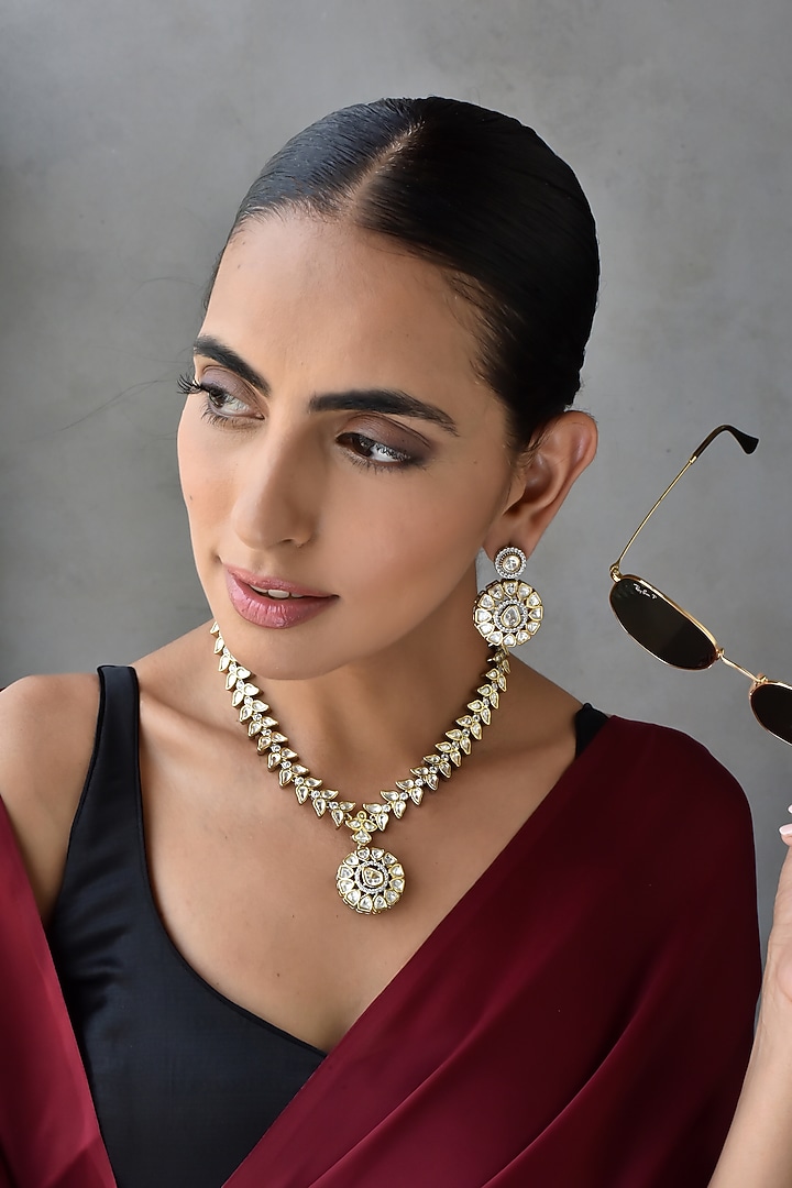 Two-Tone Finish Kundan Polki Pendant Necklace Set by Swabhimann Jewellery at Pernia's Pop Up Shop
