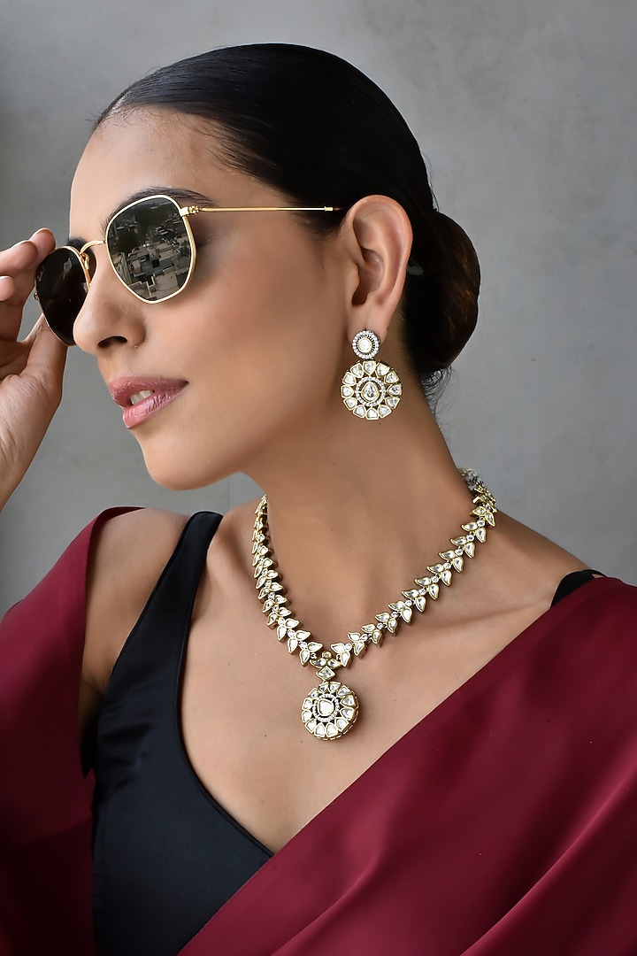 Two-Tone Finish Kundan Polki Pendant Necklace Set by Swabhimann Jewellery at Pernia's Pop Up Shop