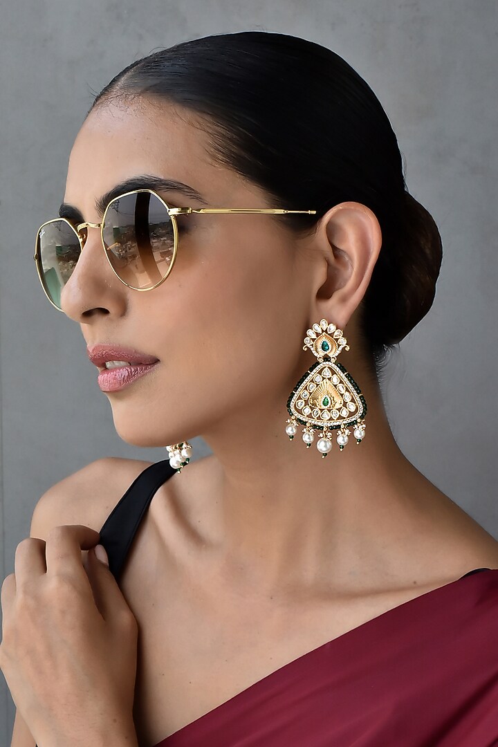 Gold Finish Kundan Polki Dangler Earrings by Swabhimann Jewellery at Pernia's Pop Up Shop