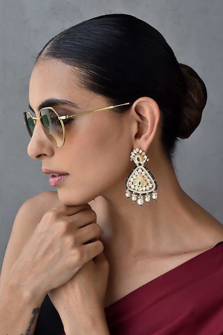 Gold Finish Kundan Polki Dangler Earrings by Swabhimann Jewellery at Pernia's Pop Up Shop